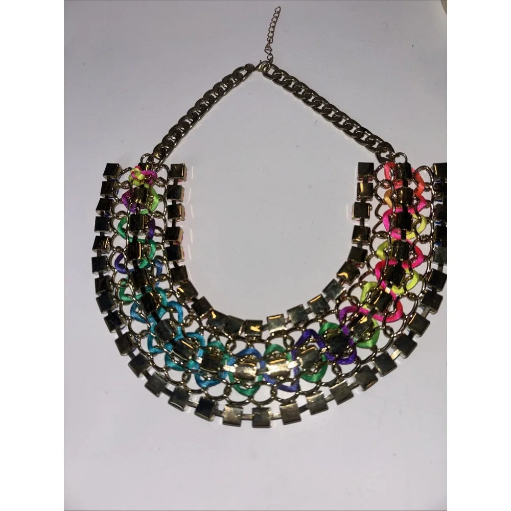 Neon Statement Bib Necklace Pink Blue Yellow Rhinestones Woven Cord 21